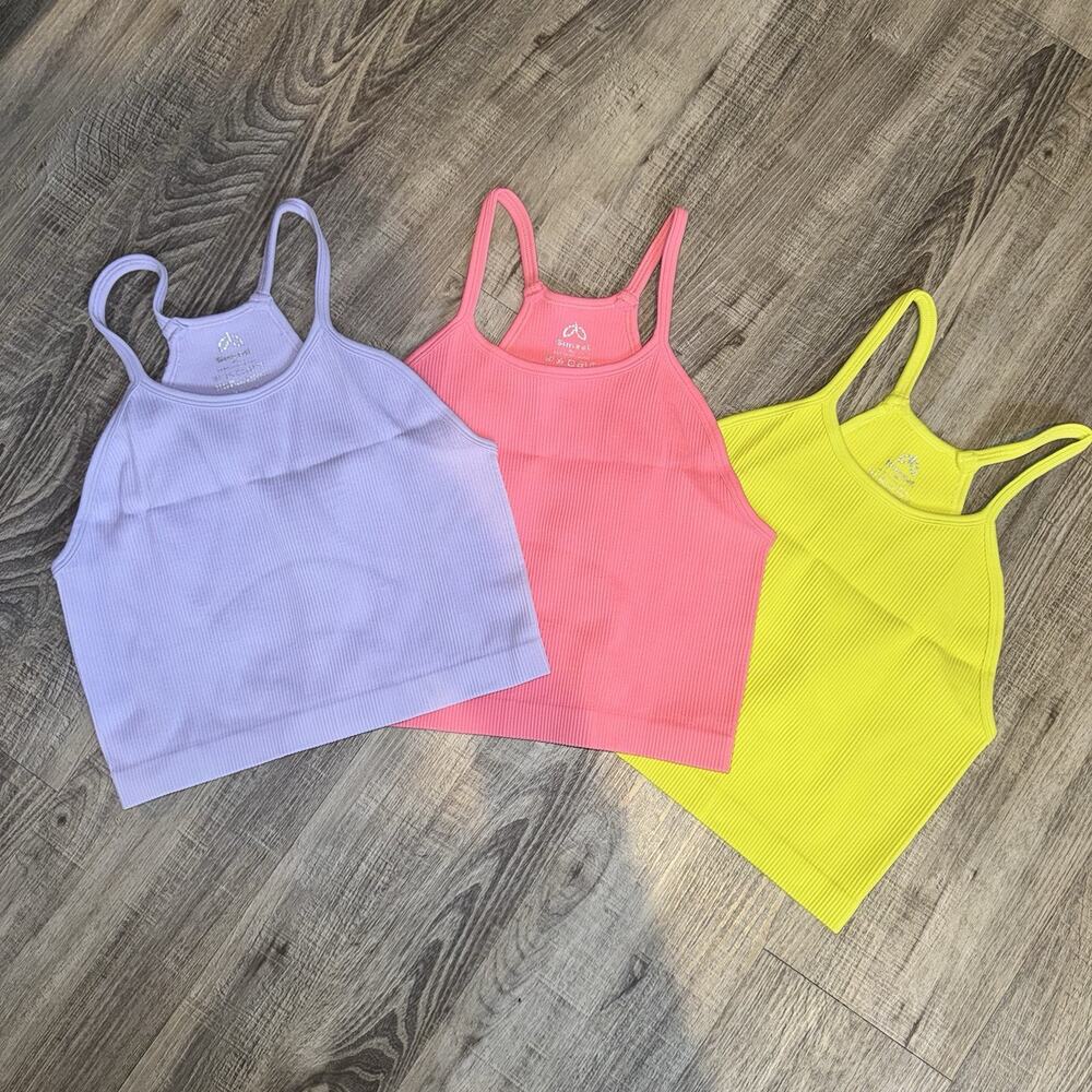 Sunzel Women’s Ribbed Crop Tank Tops M/L 3 Pack Pink Purple Yellow Stretch